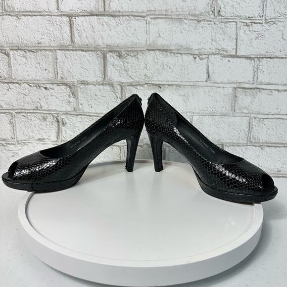 Stuart Weitzman Heels Leather Croc Snake Pattern Patent Peep Toe Pump Black 7.5 - Picture 7 of 12